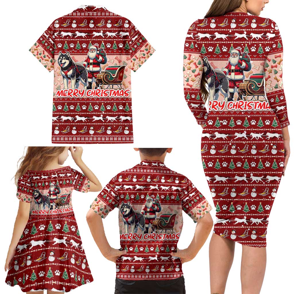 Dog Sled Christmas Family Matching Long Sleeve Bodycon Dress and Hawaiian Shirt Husky Sleigh Ride Design - Wonder Print Shop