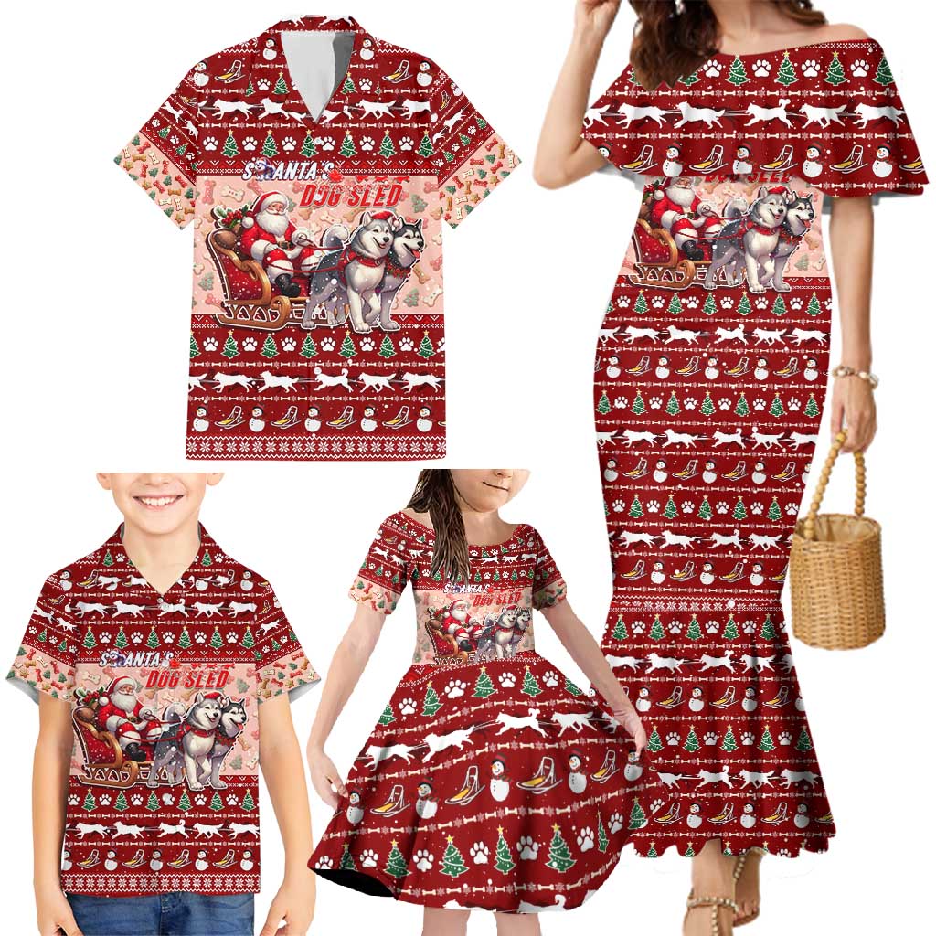 Dog Sled Christmas Family Matching Mermaid Dress and Hawaiian Shirt Husky Sleigh Ride Design - Wonder Print Shop