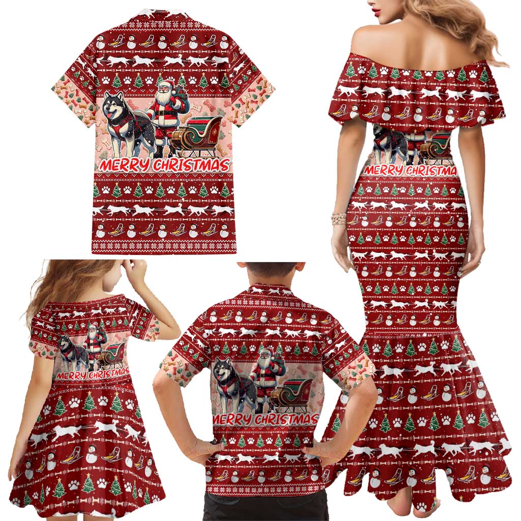 Dog Sled Christmas Family Matching Mermaid Dress and Hawaiian Shirt Husky Sleigh Ride Design - Wonder Print Shop