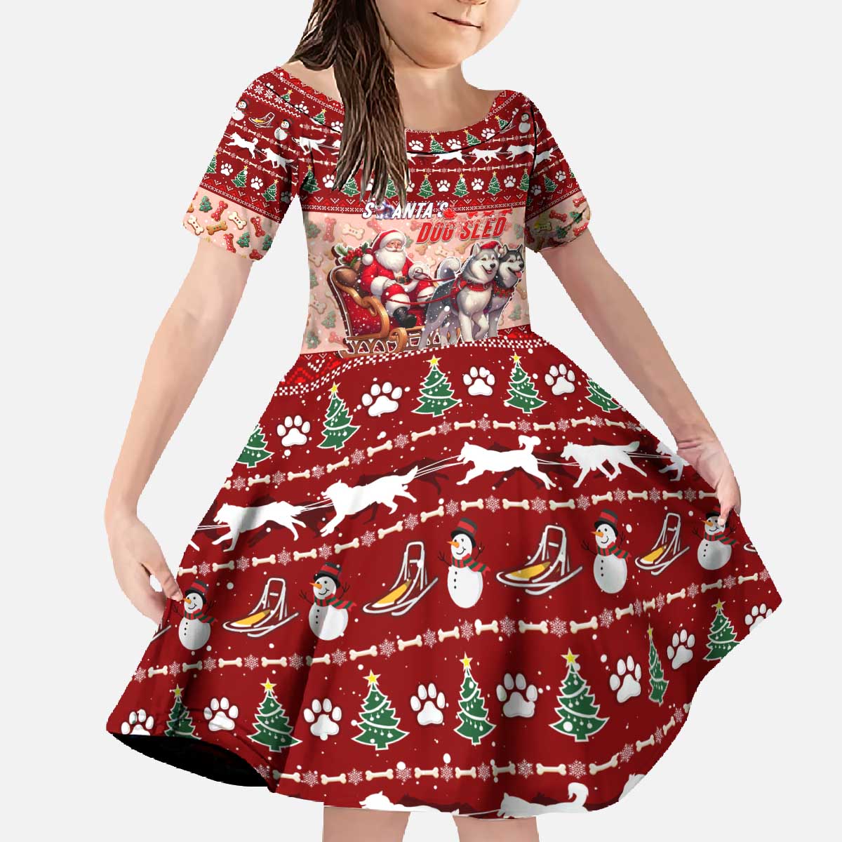 Dog Sled Christmas Family Matching Off The Shoulder Long Sleeve Dress and Hawaiian Shirt Husky Sleigh Ride Design - Wonder Print Shop
