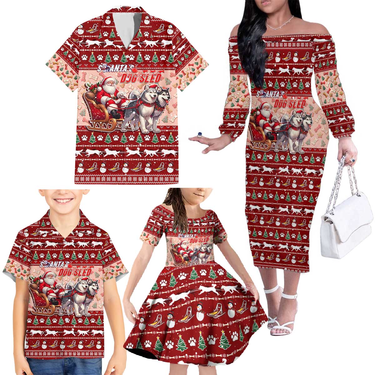 Dog Sled Christmas Family Matching Off The Shoulder Long Sleeve Dress and Hawaiian Shirt Husky Sleigh Ride Design - Wonder Print Shop