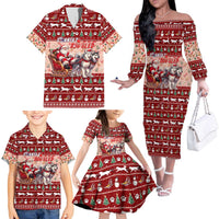 Dog Sled Christmas Family Matching Off The Shoulder Long Sleeve Dress and Hawaiian Shirt Husky Sleigh Ride Design - Wonder Print Shop