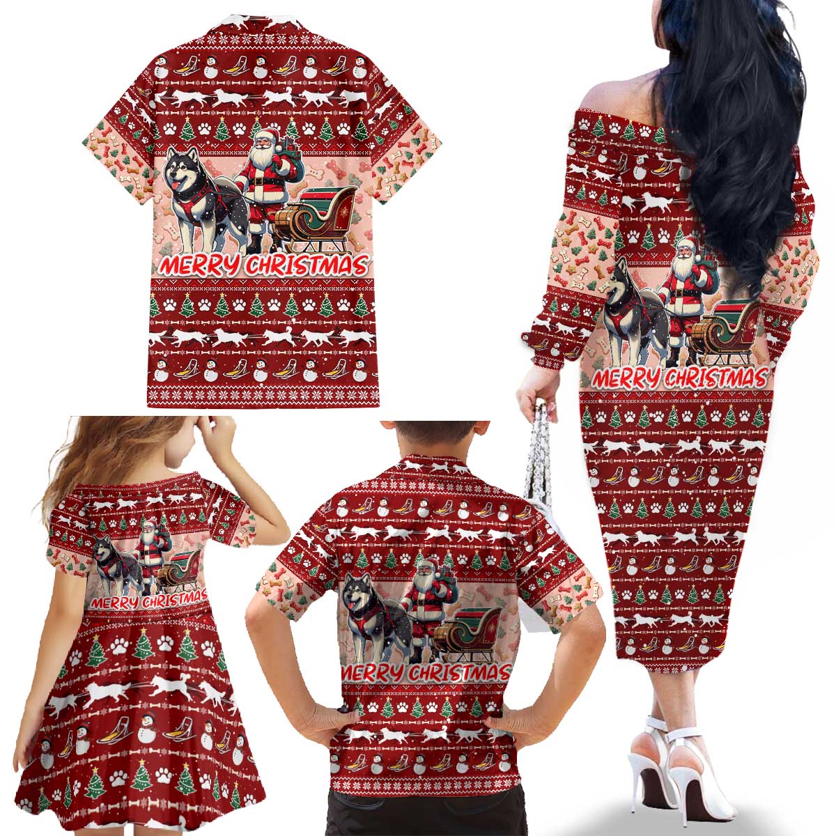 Dog Sled Christmas Family Matching Off The Shoulder Long Sleeve Dress and Hawaiian Shirt Husky Sleigh Ride Design - Wonder Print Shop