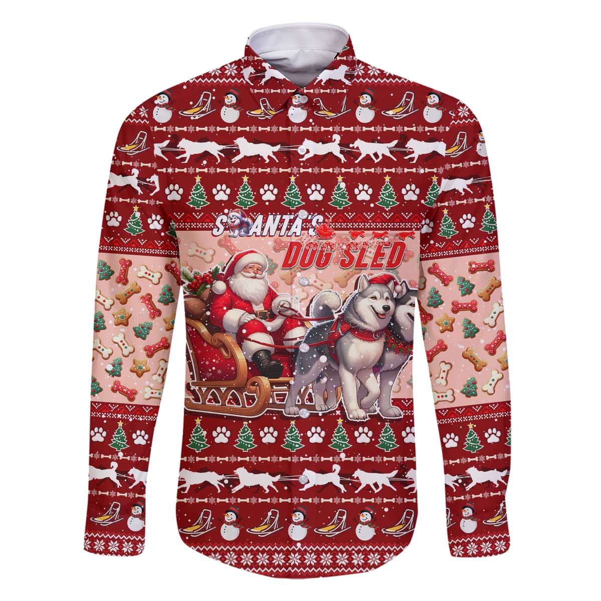 Dog Sled Christmas Family Matching Off The Shoulder Long Sleeve Dress and Hawaiian Shirt Husky Sleigh Ride Design - Wonder Print Shop