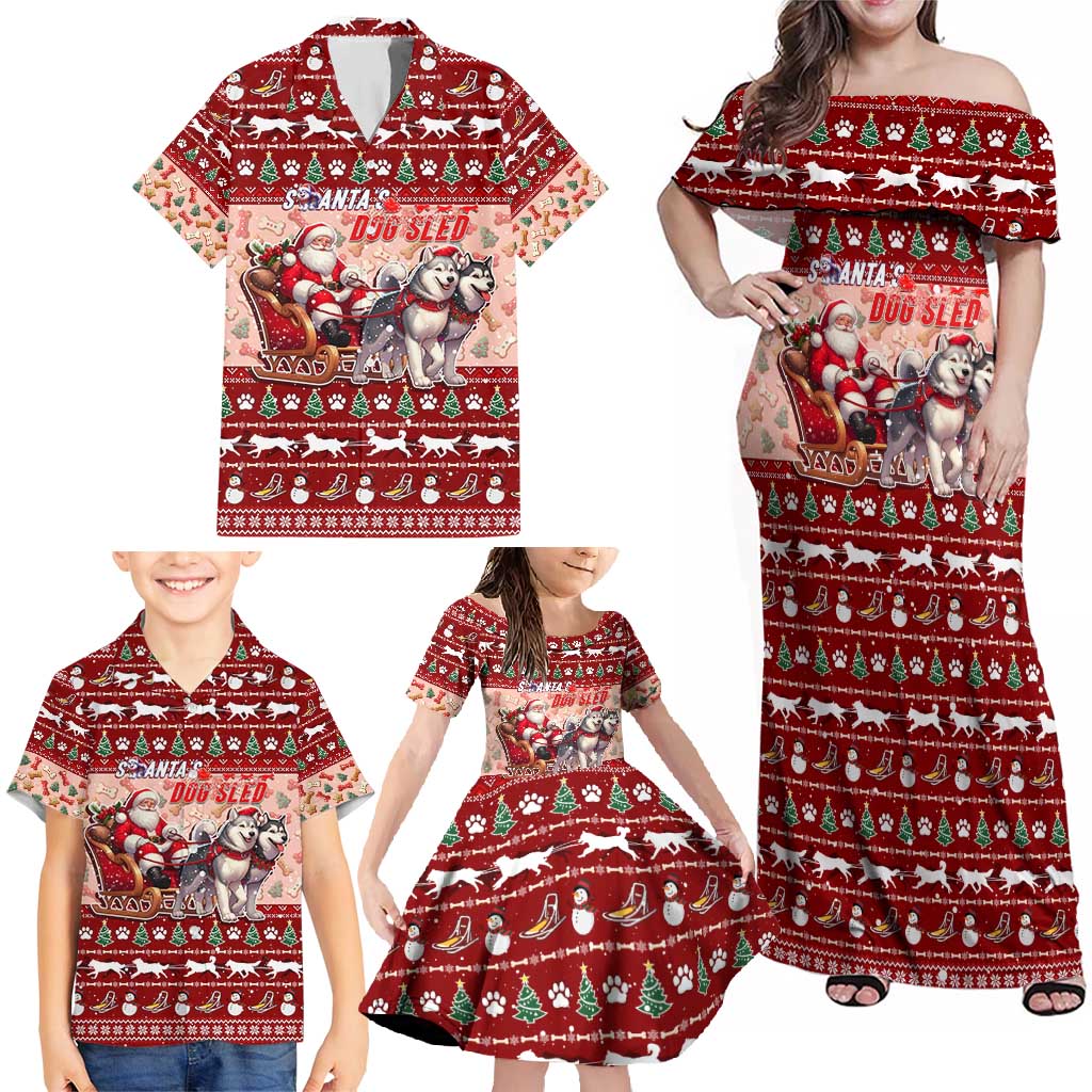 Dog Sled Christmas Family Matching Off Shoulder Maxi Dress and Hawaiian Shirt Husky Sleigh Ride Design - Wonder Print Shop