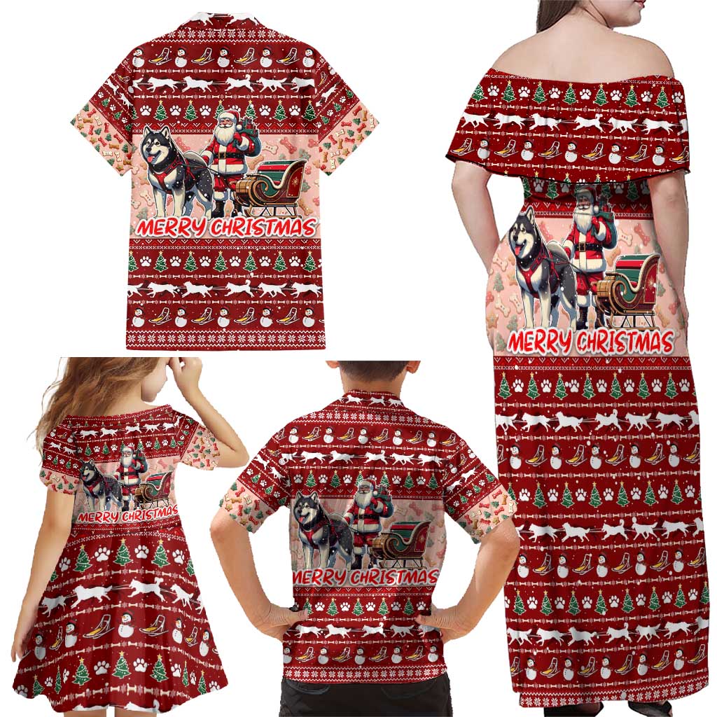 Dog Sled Christmas Family Matching Off Shoulder Maxi Dress and Hawaiian Shirt Husky Sleigh Ride Design - Wonder Print Shop