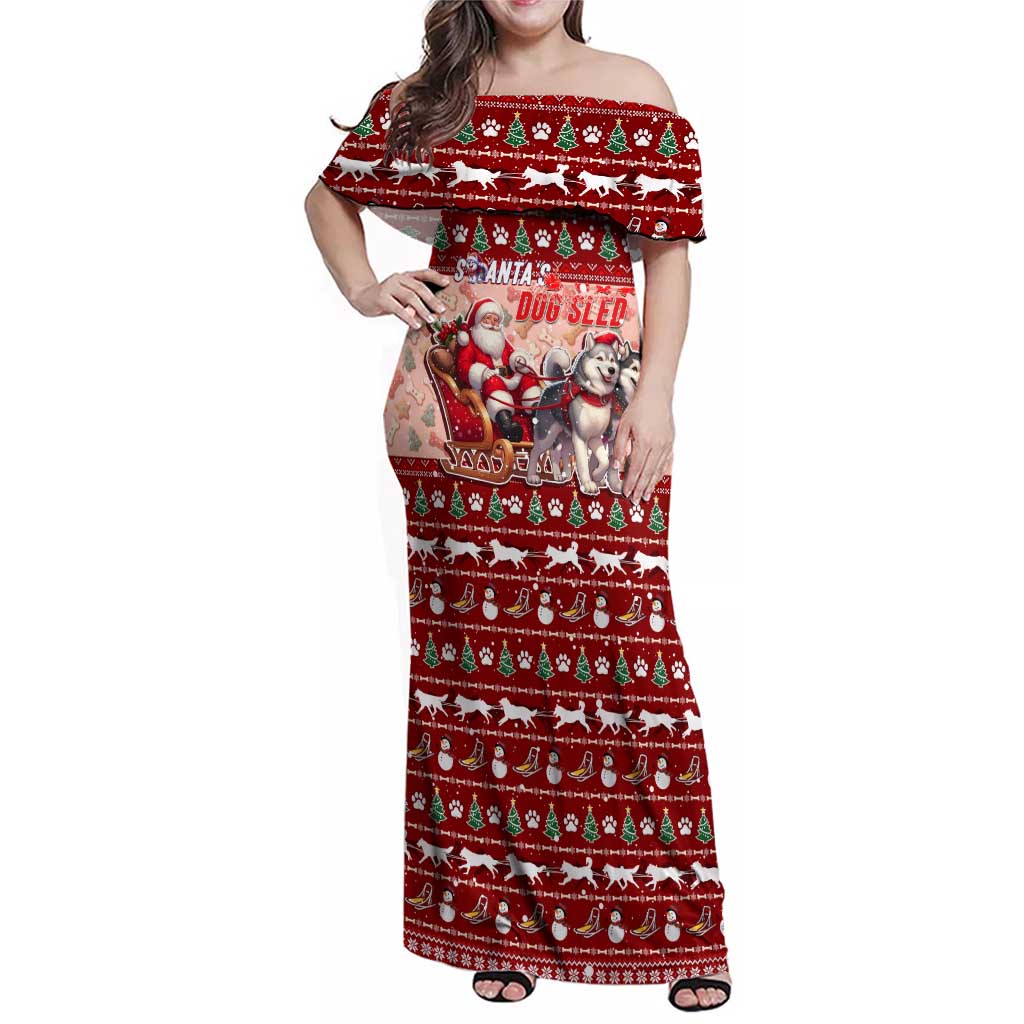 Dog Sled Christmas Family Matching Off Shoulder Maxi Dress and Hawaiian Shirt Husky Sleigh Ride Design - Wonder Print Shop