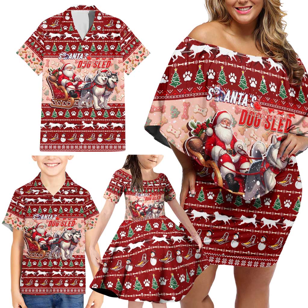 Dog Sled Christmas Family Matching Off Shoulder Short Dress and Hawaiian Shirt Husky Sleigh Ride Design - Wonder Print Shop