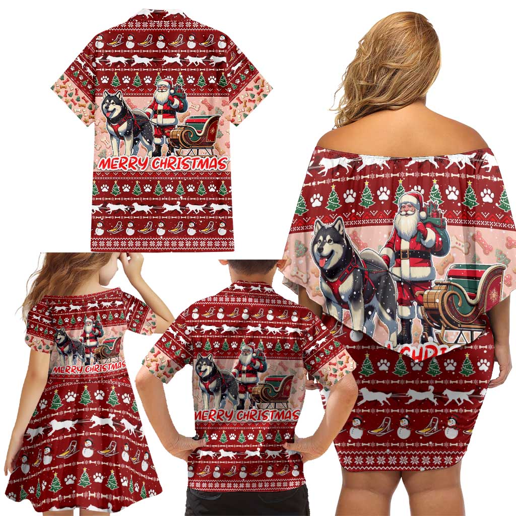 Dog Sled Christmas Family Matching Off Shoulder Short Dress and Hawaiian Shirt Husky Sleigh Ride Design - Wonder Print Shop