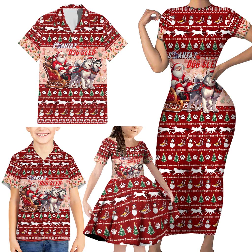 Dog Sled Christmas Family Matching Short Sleeve Bodycon Dress and Hawaiian Shirt Husky Sleigh Ride Design - Wonder Print Shop