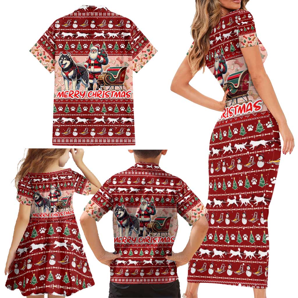Dog Sled Christmas Family Matching Short Sleeve Bodycon Dress and Hawaiian Shirt Husky Sleigh Ride Design - Wonder Print Shop
