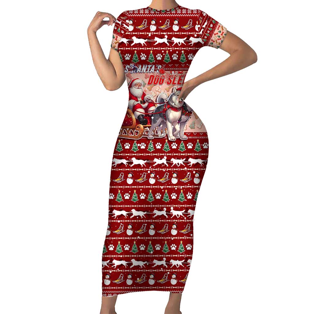 Dog Sled Christmas Family Matching Short Sleeve Bodycon Dress and Hawaiian Shirt Husky Sleigh Ride Design - Wonder Print Shop