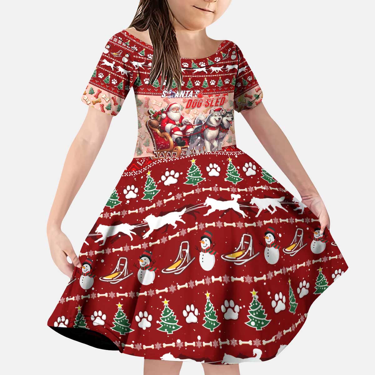 Dog Sled Christmas Kid Short Sleeve Dress Husky Sleigh Ride Design - Wonder Print Shop