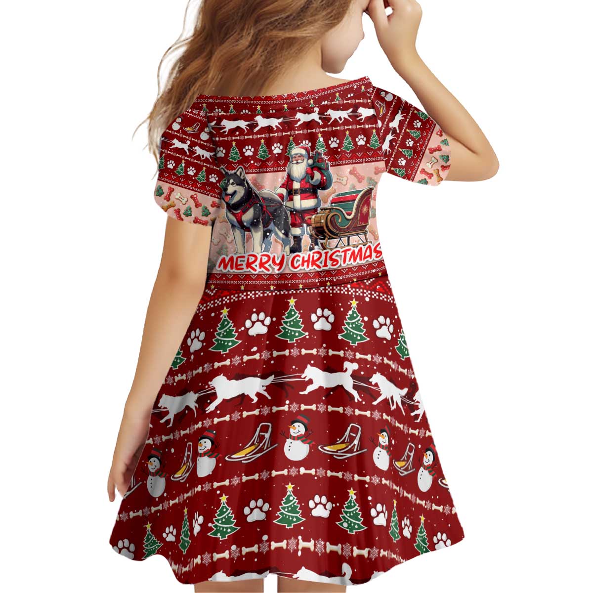 Dog Sled Christmas Kid Short Sleeve Dress Husky Sleigh Ride Design - Wonder Print Shop