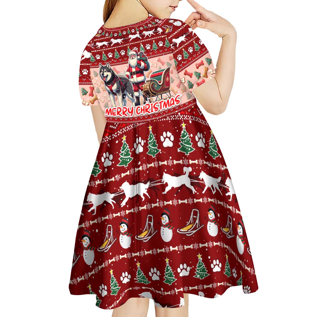 Dog Sled Christmas Kid Short Sleeve Dress Husky Sleigh Ride Design - Wonder Print Shop