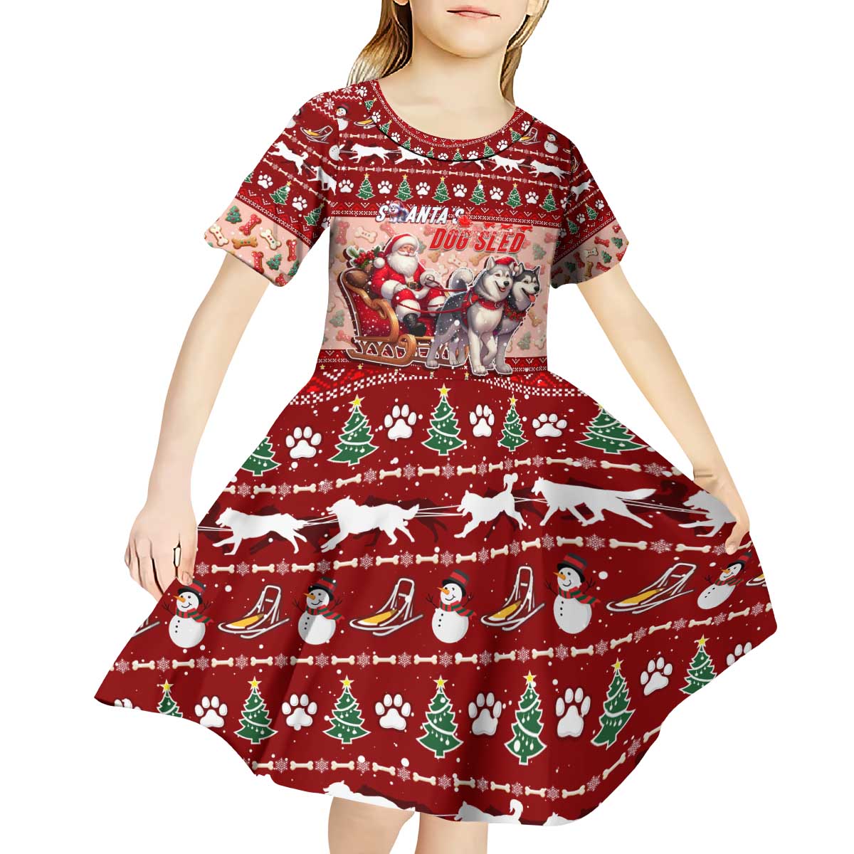 Dog Sled Christmas Kid Short Sleeve Dress Husky Sleigh Ride Design - Wonder Print Shop