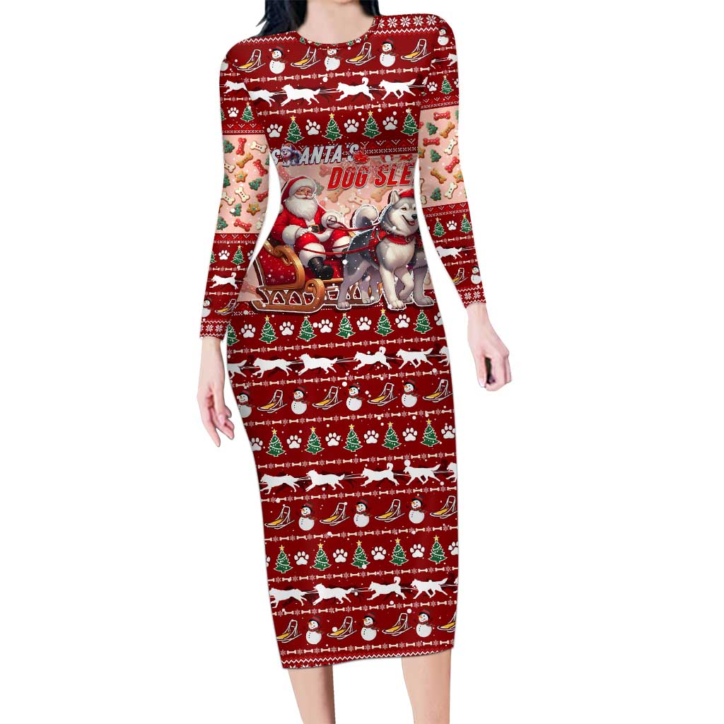 Dog Sled Christmas Long Sleeve Bodycon Dress Husky Sleigh Ride Design - Wonder Print Shop