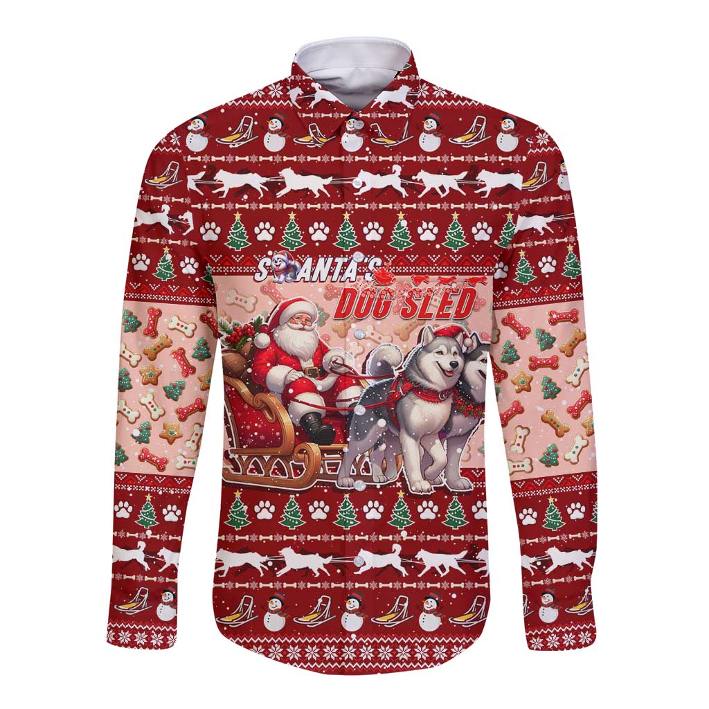 Dog Sled Christmas Long Sleeve Button Shirt Husky Sleigh Ride Design - Wonder Print Shop