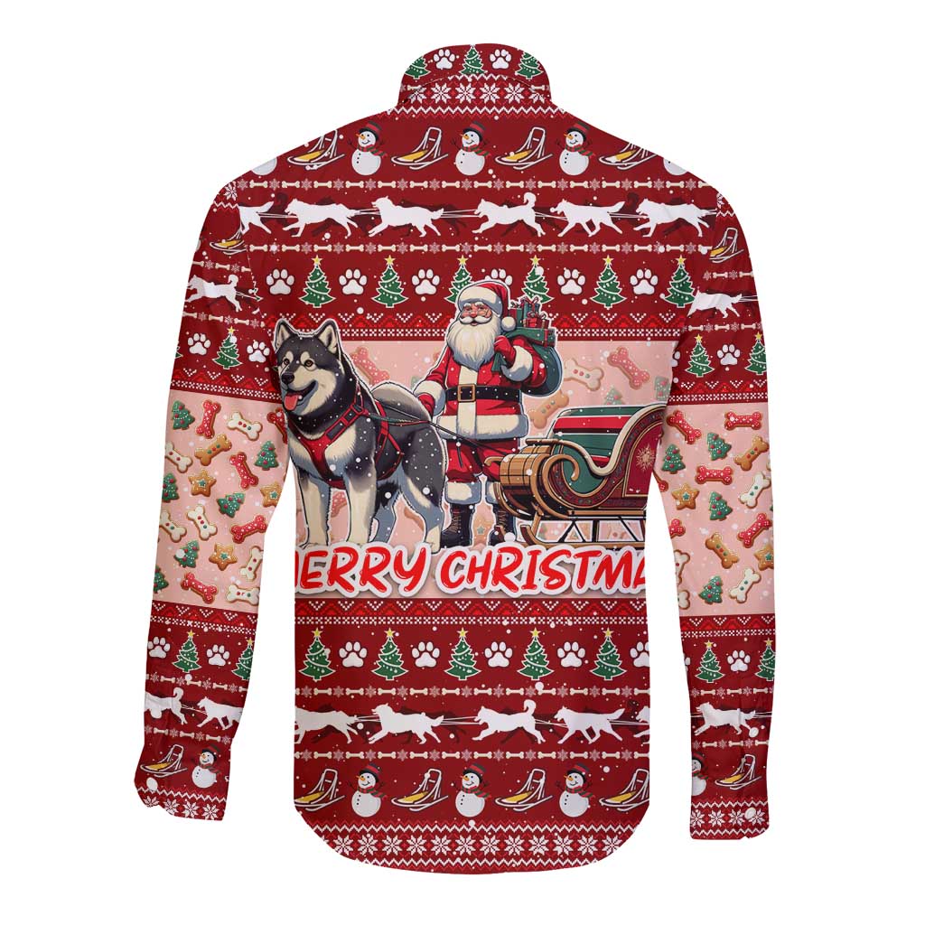 Dog Sled Christmas Long Sleeve Button Shirt Husky Sleigh Ride Design - Wonder Print Shop