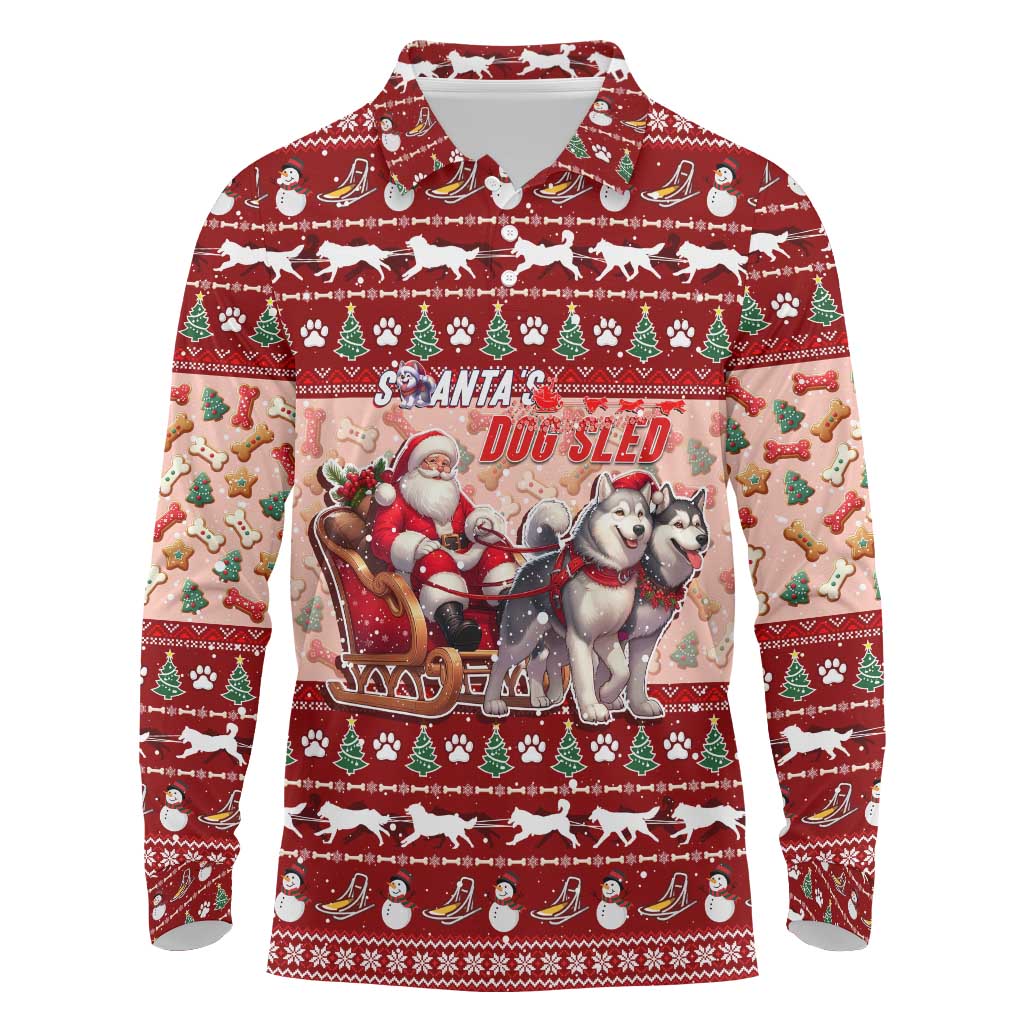 Dog Sled Christmas Long Sleeve Polo Shirt Husky Sleigh Ride Design - Wonder Print Shop