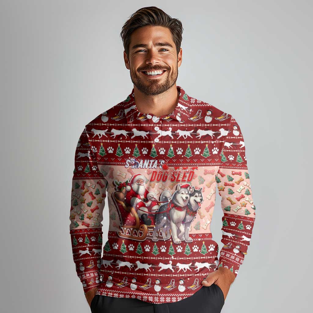 Dog Sled Christmas Long Sleeve Polo Shirt Husky Sleigh Ride Design - Wonder Print Shop