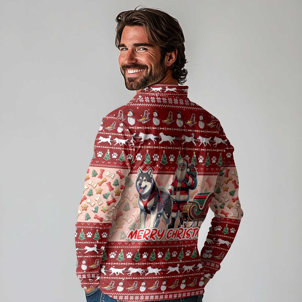 Dog Sled Christmas Long Sleeve Polo Shirt Husky Sleigh Ride Design - Wonder Print Shop