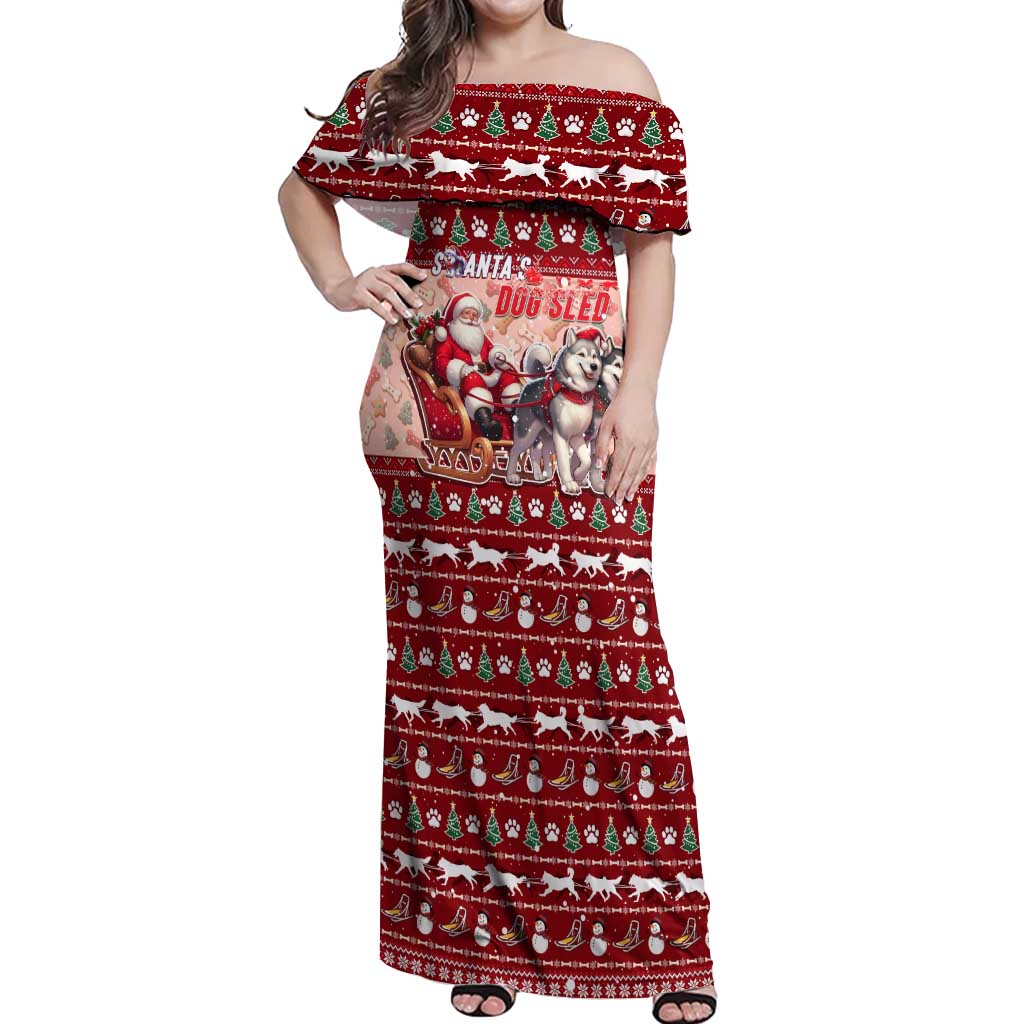 Dog Sled Christmas Off Shoulder Maxi Dress Husky Sleigh Ride Design - Wonder Print Shop