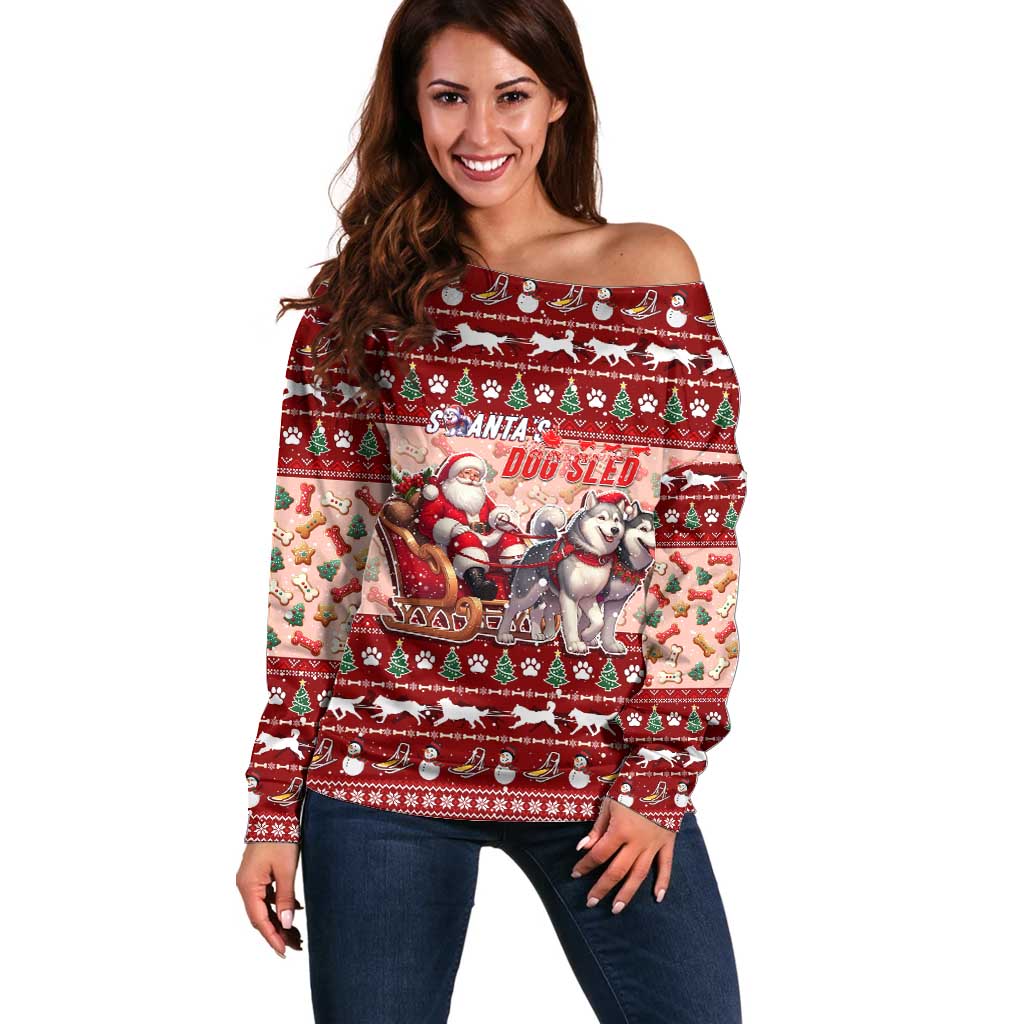Dog Sled Christmas Off Shoulder Sweater Husky Sleigh Ride Design - Wonder Print Shop