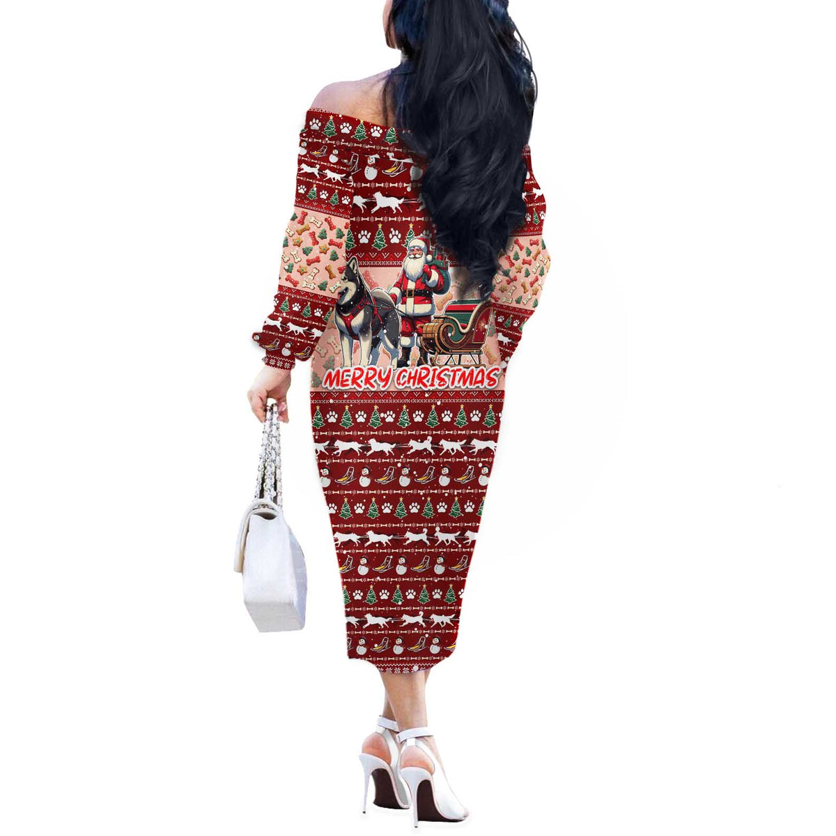 Dog Sled Christmas Off The Shoulder Long Sleeve Dress Husky Sleigh Ride Design - Wonder Print Shop