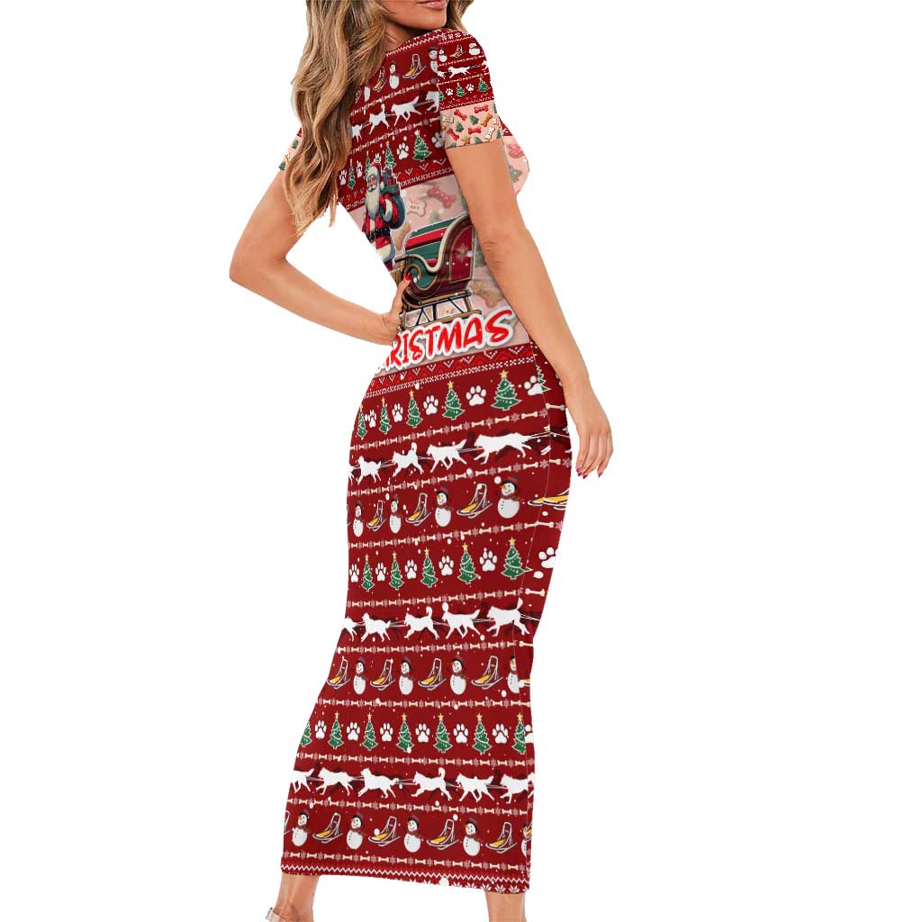 Dog Sled Christmas Short Sleeve Bodycon Dress Husky Sleigh Ride Design - Wonder Print Shop