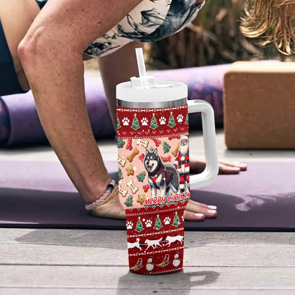 Dog Sled Christmas Tumbler With Handle Husky Sleigh Ride Design - Wonder Print Shop