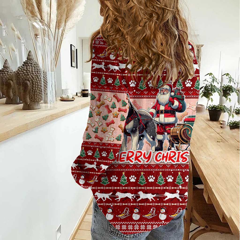 Dog Sled Christmas Women Casual Shirt Husky Sleigh Ride Design - Wonder Print Shop