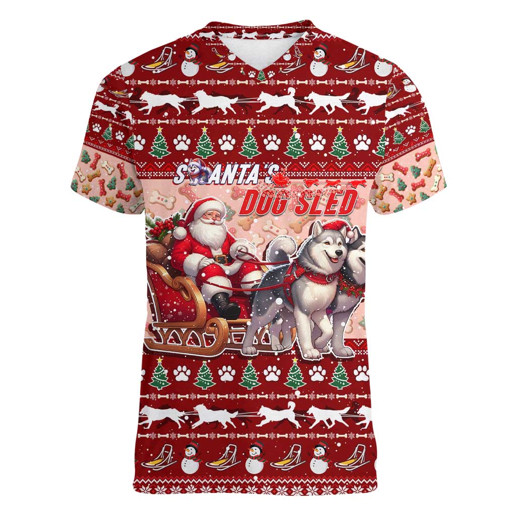 Dog Sled Christmas Women V-Neck T-Shirt Husky Sleigh Ride Design - Wonder Print Shop
