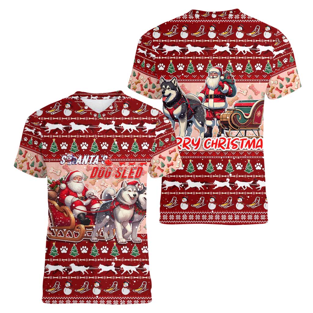 Dog Sled Christmas Women V-Neck T-Shirt Husky Sleigh Ride Design - Wonder Print Shop