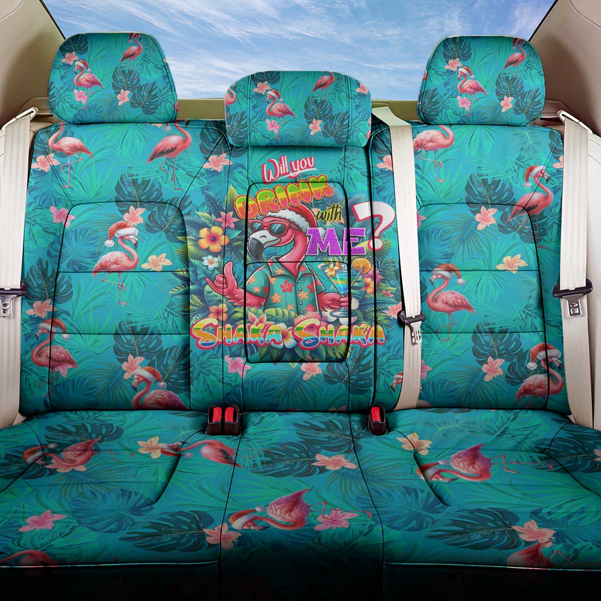 Tropical Flamingo Christmas Back Car Seat Cover Shaka Shaka Will You Drink With Me - Wonder Print Shop
