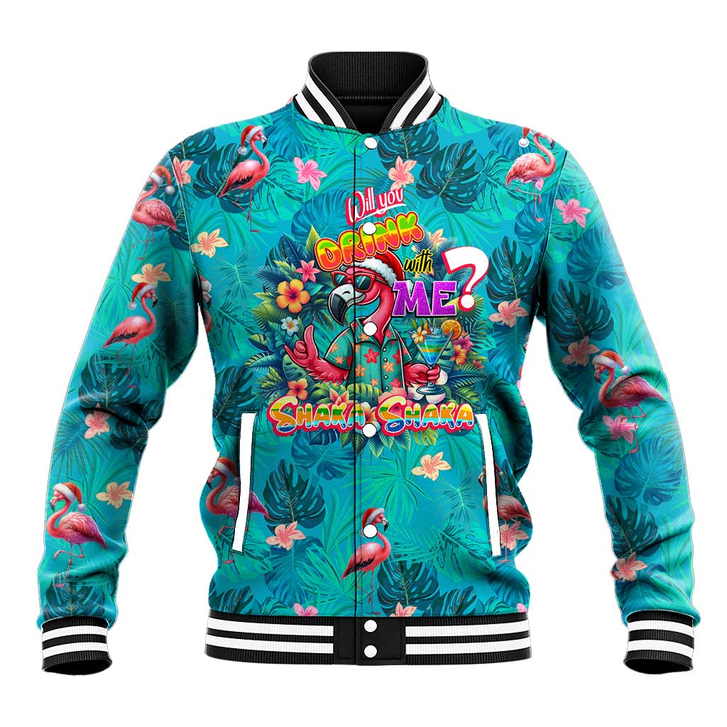 Tropical Flamingo Christmas Baseball Jacket Shaka Shaka Will You Drink With Me - Wonder Print Shop