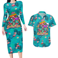 Tropical Flamingo Christmas Couples Matching Long Sleeve Bodycon Dress and Hawaiian Shirt Shaka Shaka Will You Drink With Me - Wonder Print Shop