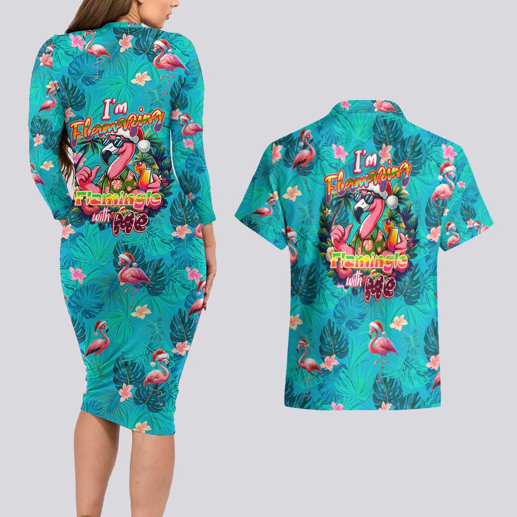 Tropical Flamingo Christmas Couples Matching Long Sleeve Bodycon Dress and Hawaiian Shirt Shaka Shaka Will You Drink With Me - Wonder Print Shop