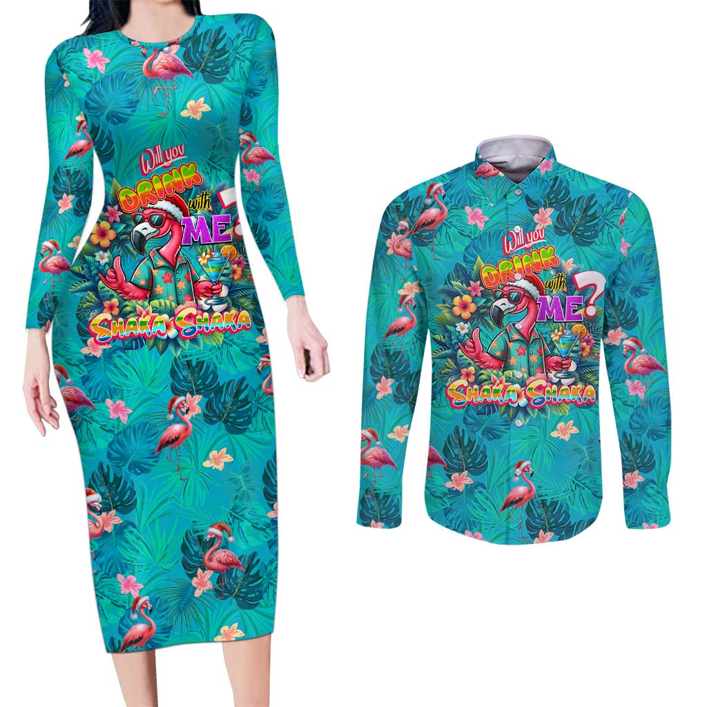 Tropical Flamingo Christmas Couples Matching Long Sleeve Bodycon Dress and Long Sleeve Button Shirt Shaka Shaka Will You Drink With Me - Wonder Print Shop