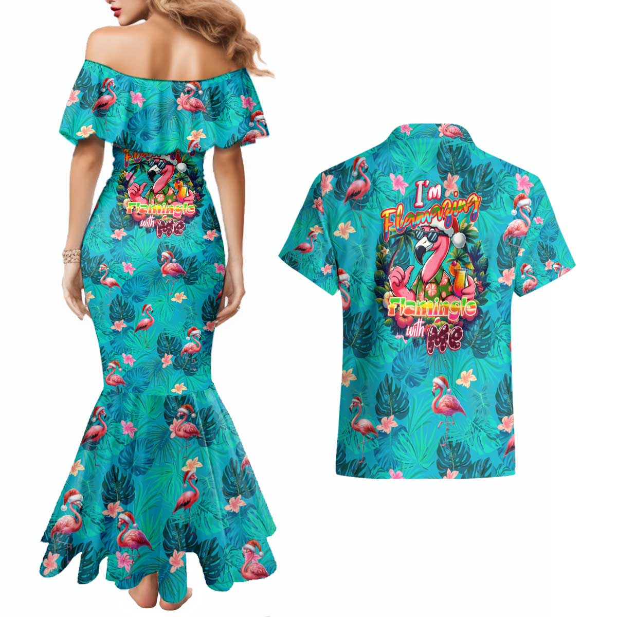 Tropical Flamingo Christmas Couples Matching Mermaid Dress and Hawaiian Shirt Shaka Shaka Will You Drink With Me - Wonder Print Shop