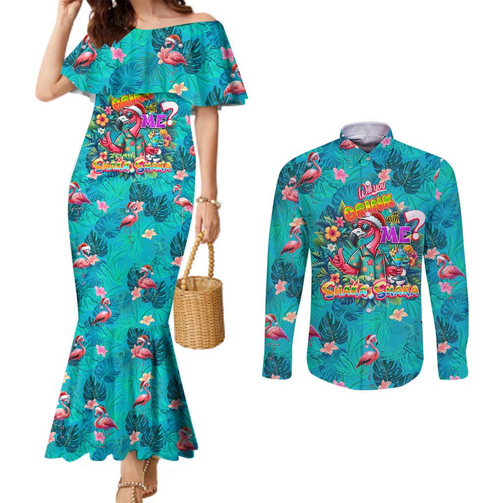 Tropical Flamingo Christmas Couples Matching Mermaid Dress and Long Sleeve Button Shirt Shaka Shaka Will You Drink With Me - Wonder Print Shop