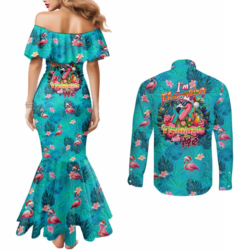 Tropical Flamingo Christmas Couples Matching Mermaid Dress and Long Sleeve Button Shirt Shaka Shaka Will You Drink With Me - Wonder Print Shop