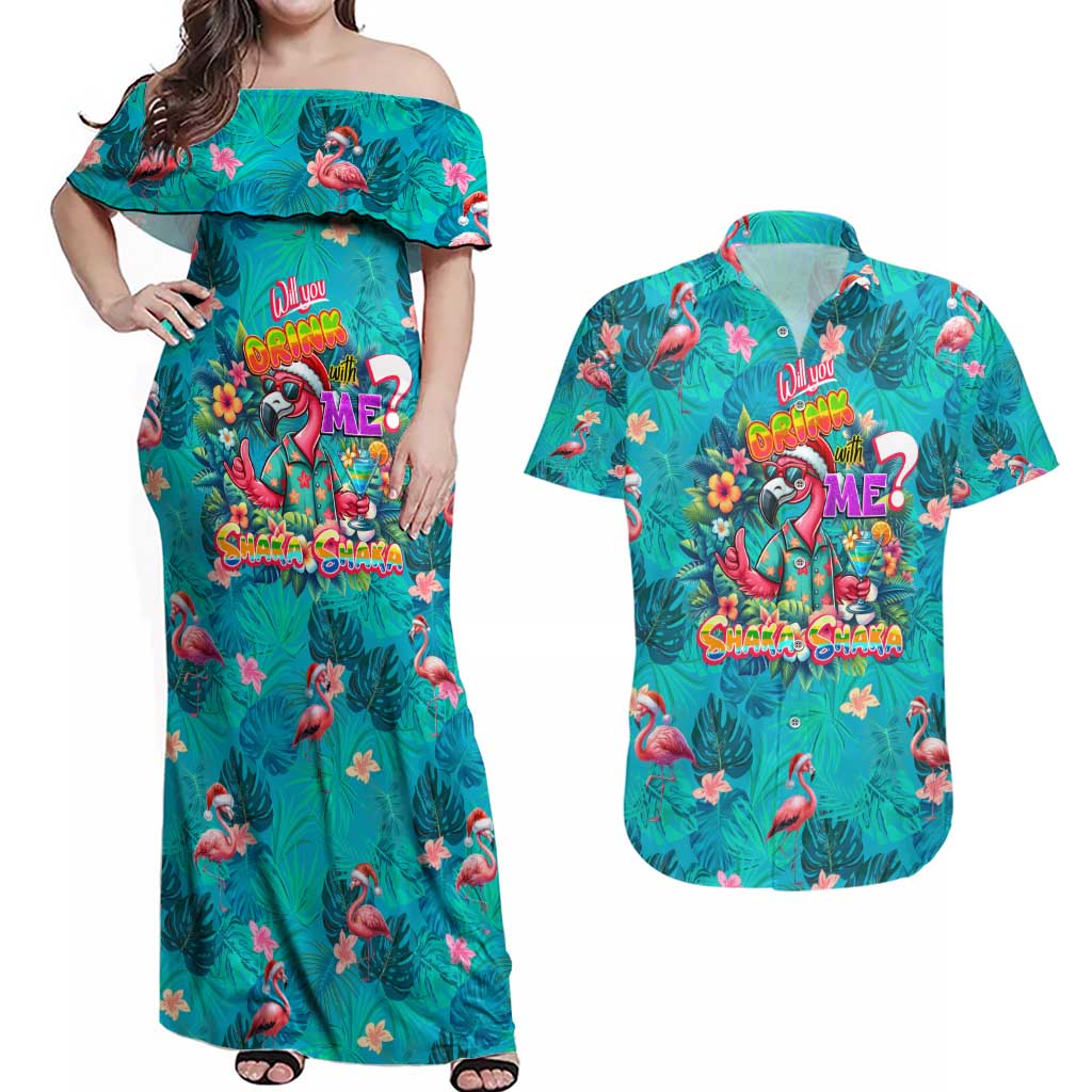 Tropical Flamingo Christmas Couples Matching Off Shoulder Maxi Dress and Hawaiian Shirt Shaka Shaka Will You Drink With Me - Wonder Print Shop