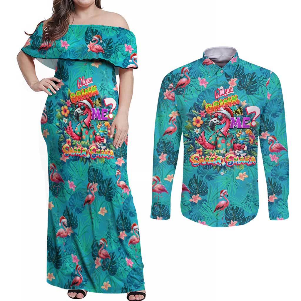 Tropical Flamingo Christmas Couples Matching Off Shoulder Maxi Dress and Long Sleeve Button Shirt Shaka Shaka Will You Drink With Me - Wonder Print Shop