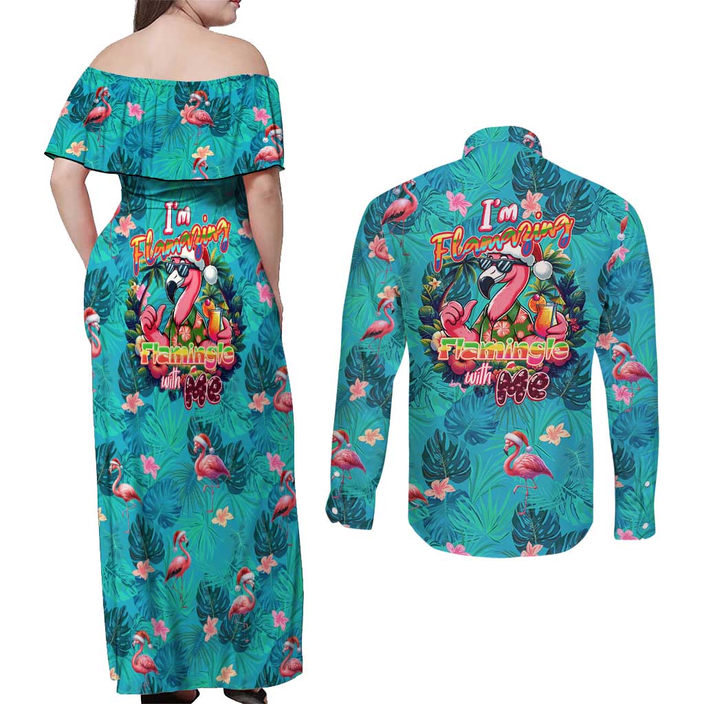 Tropical Flamingo Christmas Couples Matching Off Shoulder Maxi Dress and Long Sleeve Button Shirt Shaka Shaka Will You Drink With Me - Wonder Print Shop