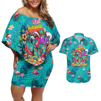 Tropical Flamingo Christmas Couples Matching Off Shoulder Short Dress and Hawaiian Shirt Shaka Shaka Will You Drink With Me - Wonder Print Shop