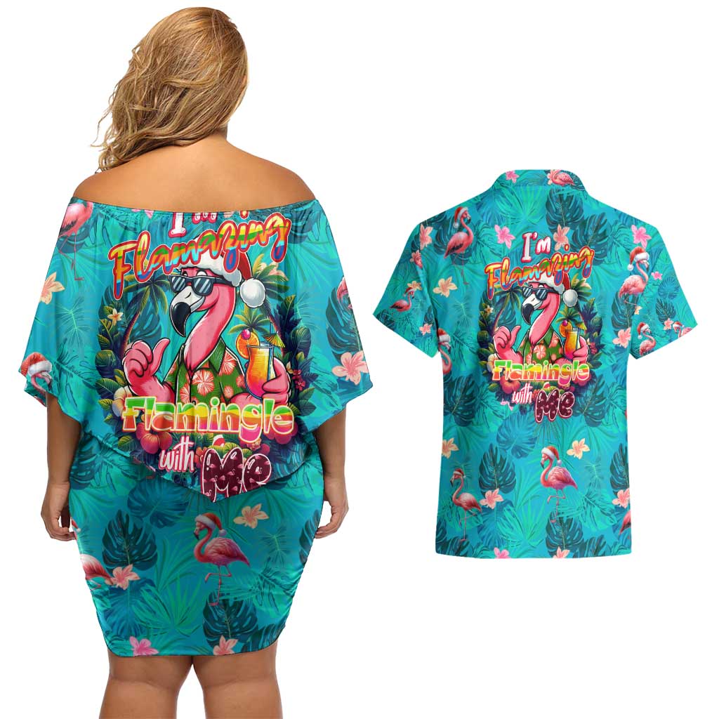 Tropical Flamingo Christmas Couples Matching Off Shoulder Short Dress and Hawaiian Shirt Shaka Shaka Will You Drink With Me - Wonder Print Shop