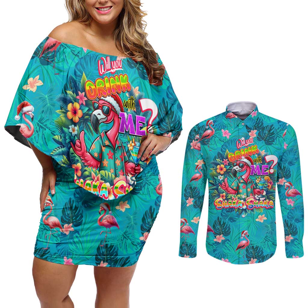 Tropical Flamingo Christmas Couples Matching Off Shoulder Short Dress and Long Sleeve Button Shirt Shaka Shaka Will You Drink With Me - Wonder Print Shop
