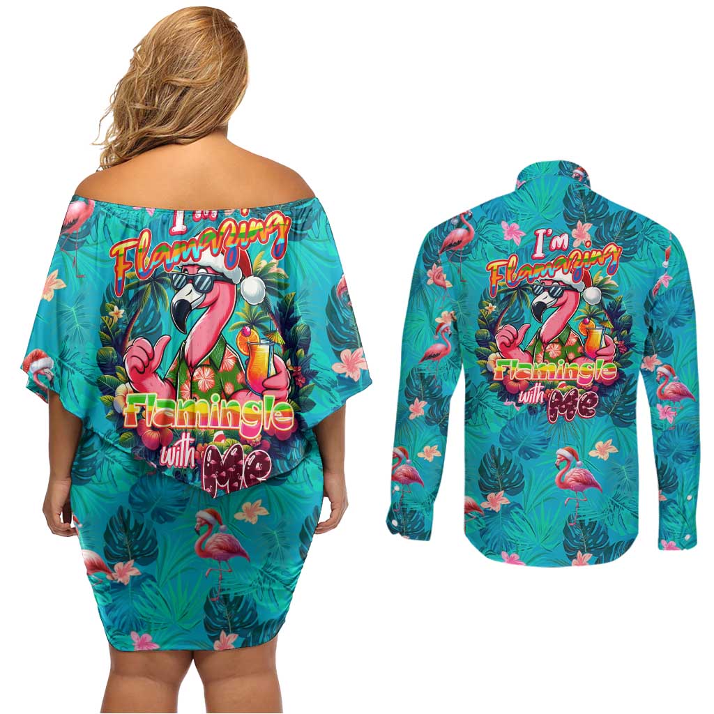 Tropical Flamingo Christmas Couples Matching Off Shoulder Short Dress and Long Sleeve Button Shirt Shaka Shaka Will You Drink With Me - Wonder Print Shop