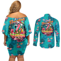 Tropical Flamingo Christmas Couples Matching Off Shoulder Short Dress and Long Sleeve Button Shirt Shaka Shaka Will You Drink With Me - Wonder Print Shop